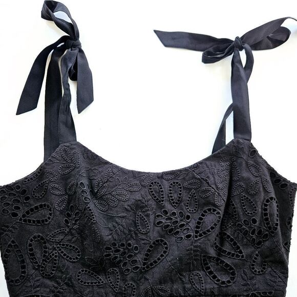 Saloni Rosie Black  Cotton Eyelet Silk Shoulder Ribbon Tie Ruffle Midi Dress 10 - Picture 4 of 10